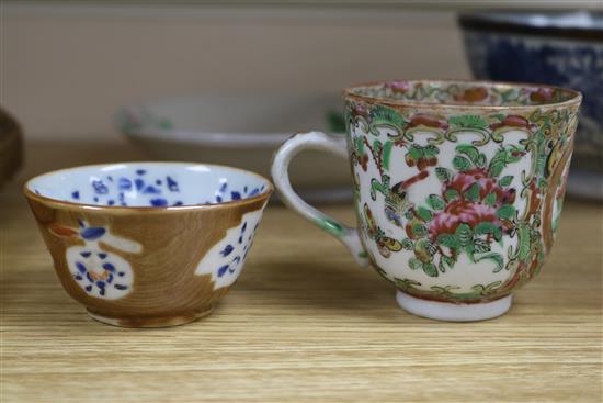 A Chinese blue and white bowl, five plates and two cups